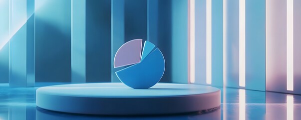 Poster - A modern pie chart sits on a circular pedestal, surrounded by abstract neon lights. This visually striking image represents data visualization in a futuristic business environment.