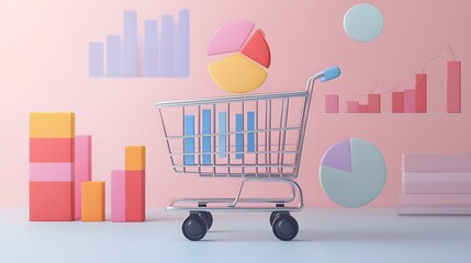 Poster - A modern shopping cart filled with colorful graphs and charts. This creative setup represents consumer behavior, market analysis, and business growth in a visually appealing way.
