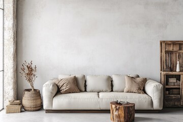 Poster - Modern minimalist interior design with comfortable sofa and wooden furniture