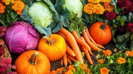Aufkleber - Lush vegetable garden showcasing vibrant carrots, cabbages, and pumpkins during the growing season. Generative AI