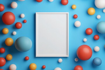 Poster - White frame mockup surrounded by colorful spheres on blue background