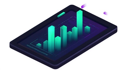 Fototapete - This digital illustration features a tablet displaying vibrant bar graphs, representing data analysis and technology trends. Perfect for tech-themed projects and presentations.