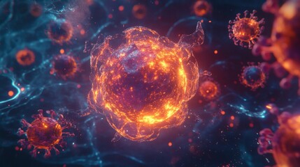 Leinwandbilder - Glowing cell surrounded by menacing viruses in a dark, vibrant environment showcasing microscopic battle. Generative AI