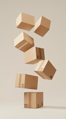 Aufkleber - Seven identical cardboard boxes are levitating in the air, defying gravity, with one box resting on a simple surface, creating a surreal and intriguing scene