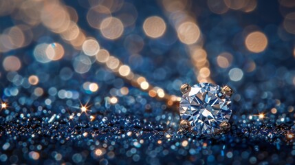 Poster - Glimmering diamond resting on sparkling blue glitter with soft bokeh lights in the background