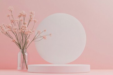 Poster - Pink flowers in glass vase near empty podium on pink background with white circle