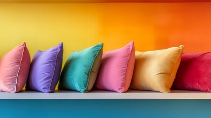 Wall Mural - Close up of multicolored pillows on a shelf on colourful background