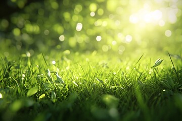 Aufkleber - Green grass blades growing in bright sunlight with bokeh effect