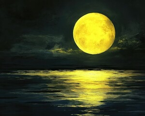 Wall Mural - Radiant Yellow Moon Illuminating the Night Sky Against a Dark Backdrop