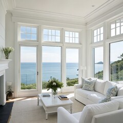 Sticker - Bright White Living Room With Stunning Sea Views. Generative AI