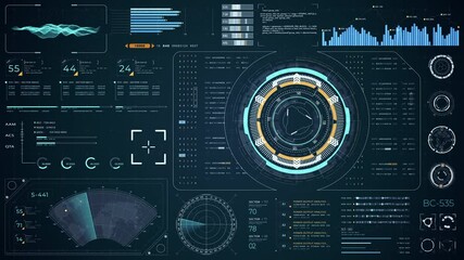 Poster - Motion graphic of Blue digital Head up display (HUD UI) and circuit panel technology interface screen with futuristic elements graph and chat panel abstract background video concepts