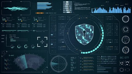 Fototapete - Motion graphic of Blue digital security shield with head up display (HUD UI) and circuit panel futuristic abstract background network firewall technology and data secure video concepts