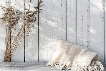 Aufkleber - Cozy blanket and dry plants creating a relaxing atmosphere on white wood background