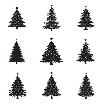 Christmas tree set black silhouette vector illustration isolated on a white background