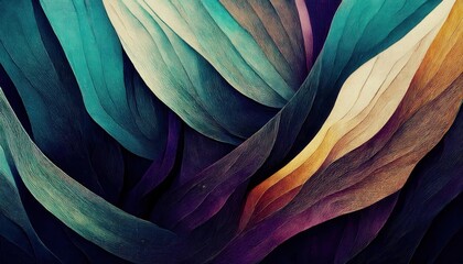 Fototapete - abstract layered feather texture in teal, gold, and purple hues for modern digital art, wall decor, or textile design inspiration
