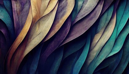 Fototapete - abstract layered feather texture in teal, gold, and purple hues for modern digital art, wall decor, or textile design inspiration