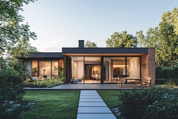 Aufkleber - Modern house exterior with garden and patio enjoying sunset light