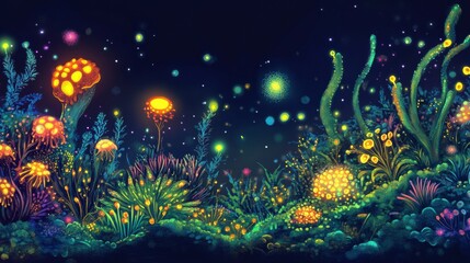 Poster - Exploring a vibrant microscopic ecosystem filled with friendly microbes under a starry backdrop. Generative AI