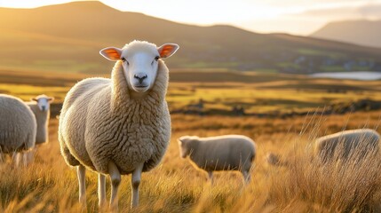 Canvas Print - close up sheep with thick wool coats, grazing peacefully on a sunlit meadow