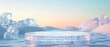 © Inai - Frosted ice platform, podium, stage on a serene frozen landscape at snow-covered rock mountains. Crystal product display, winter promotions. Minimal, surreal ice abstract background. Generative ai