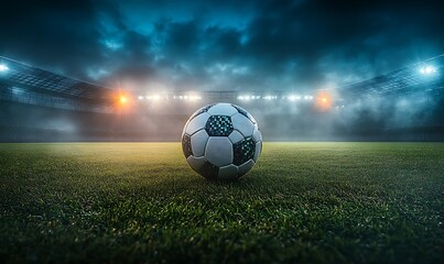 A dramatic shot of a soccer ball on the grass field, with powerful stadium spotlights