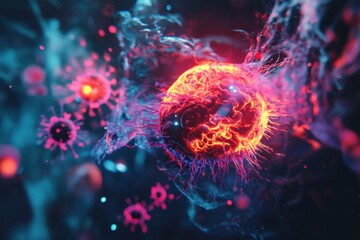 Aufkleber - Magnified view of a human cell under attack by a virus with vivid colors and intricate details. Generative AI