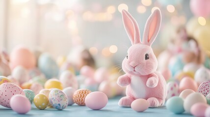 Wall Mural - A cheerful pink bunny leading kids in an egg hunt surrounded by pastel-colored decorations