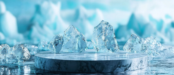 Frosted ice platform, podium, stage  on a serene frozen water at snow-covered mountains. Crystal product display, winter promotions.  Minimal ice abstract background. Generative ai