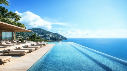 Wall Mural - a pool with lounge chairs and a view of the ocean