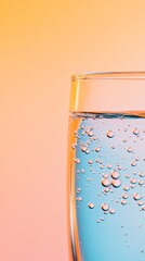 Poster - Refreshing sparkling water with bubbles rising in a glass against a vibrant two tone background, creating a visually appealing image with a sense of purity and coolness