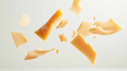 Aufkleber - Delicious pieces of cheese in various sizes levitating against a minimalist white background, forming a visually striking arrangement that highlights their textures and colors