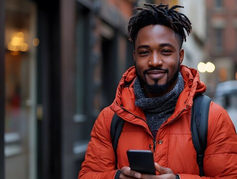 Young man in urban street holding smartphone, smiling confidently, wearing bright orange jacket and backpack, enjoying leisurely moment while connected to technology