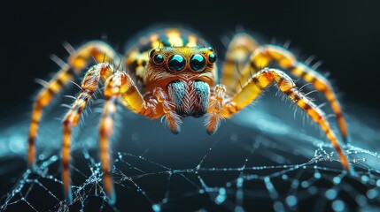 Wall Mural - Vibrant jumping spider on web: close-up of colorful arachnid in natural habitat