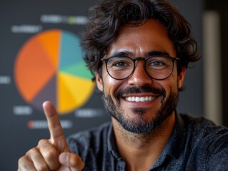 Poster - Confident man gestures with index finger while smiling, presenting information in front of colorful pie chart in modern office setting with relaxed atmosphere