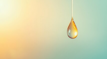 Poster - Golden translucent drop dripping against a light green and yellow background, evoking purity, freshness, and well being, ideal for cosmetics and natural products