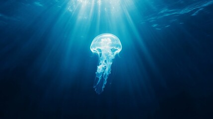 Poster - Sunbeams illuminating a jellyfish gliding gracefully through the deep blue ocean create a mesmerizing and ethereal atmosphere, showcasing the beauty of marine life in tranquil waters