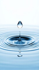 Poster - Single drop of water falling into calm water surface, creating concentric ripples expanding outwards, with reflection visible below and bright background