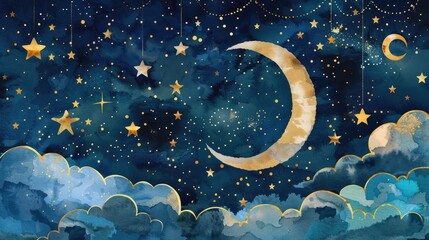 a cute and adorable starry night sky with a crescent moon