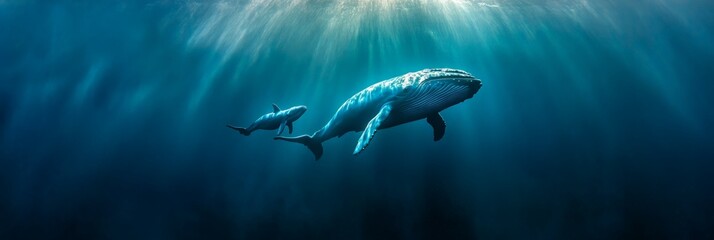 Poster - Mother humpback whale and her calf are swimming peacefully in the deep blue ocean, illuminated by sunbeams penetrating the surface, creating a magical underwater scene