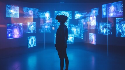 Poster - A person surrounded by floating holographic screens displaying digital art