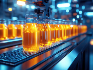 Poster - Bottles of orange juice on conveyor belt in modern factory setting