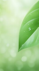 Poster - Water drops resting on a vibrant green leaf, reflecting light against a softly blurred green background, create a tranquil and refreshing natural scene