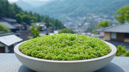 Wall Mural - Lush green succulent in a bowl, mountain village background.