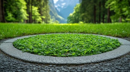 Wall Mural - Lush green patch in circular stone frame.