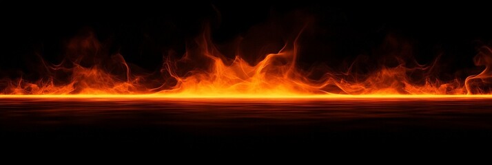 Poster - Powerful flames rise from the horizon, creating a dramatic scene of fire illuminating a dark background, with vibrant orange and red hues dominating the abstract composition