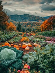 Aufkleber - Vibrant vegetable garden showcasing pumpkins, cabbages, and greens amid autumn foliage in a tranquil hillside setting. Generative AI