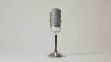 Poster - Chrome vintage microphone standing on a white background, ready for a singer to record music, sing a song, or perform stand up comedy at an open mic night