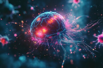 Aufkleber - Magnified human cell under viral attack in a vibrant microscopic environment captured during cellular interaction. Generative AI
