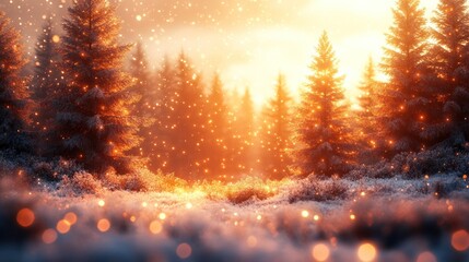 Poster - Magical winter sunrise in snowy forest.