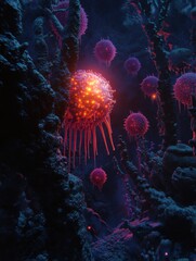 Aufkleber - Glowing cell surrounded by menacing viruses in a dark, mysterious environment. Generative AI
